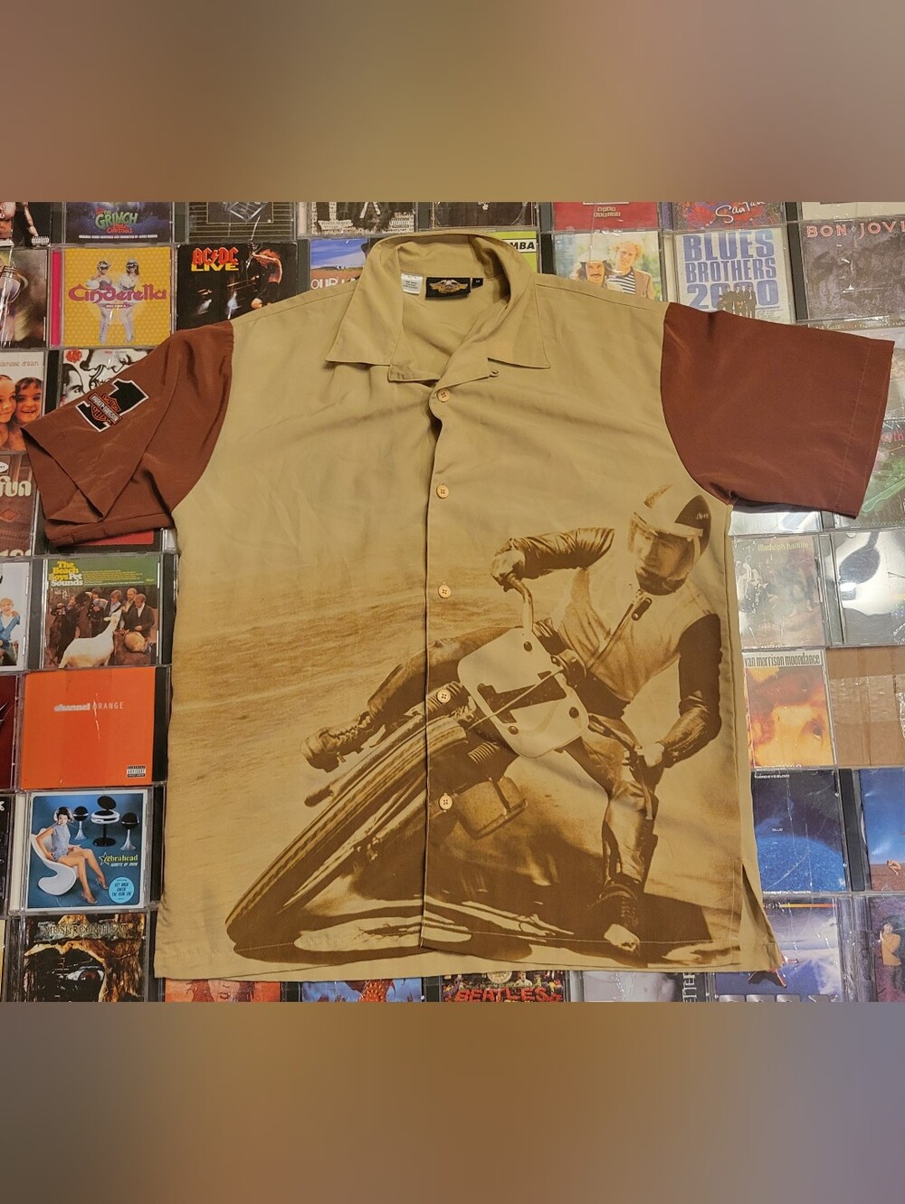 Harley-Davidson Beige and Brown Short-Sleeve Button-Up Motorcycle Shirt
